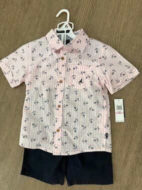 Nautica Pink Short-Sleeve Button Shirt with Navy Anchor Print